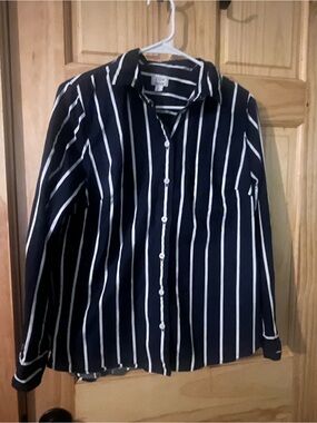 J. Crew Navy and White Vertical Stripe Button-Up Shirt